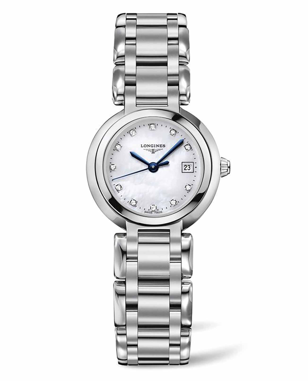 Longines Longines PrimaLuna L8.110.4.87.6  L81104876 кварцевые женские часы перламутровый циферблат, браслет нержавеющая сталь — вид спереди